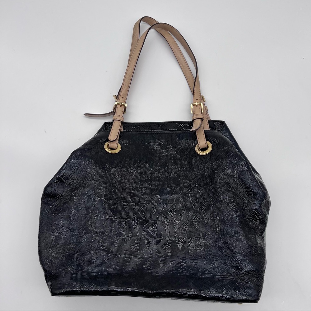 Michael Kors Jet Set Logo Tote Black Shiny Patent Leather Shoulder‎ Bag Purse